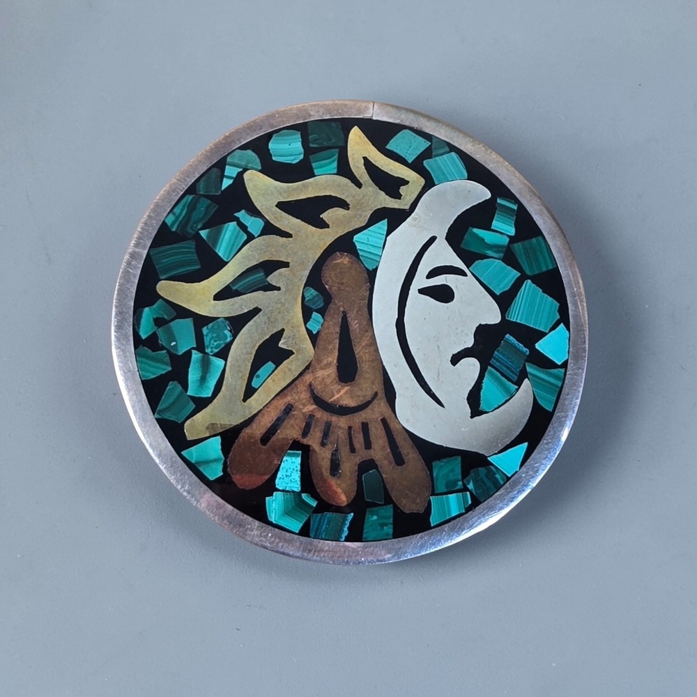 Metales Mexico Sterling Aztec Warrior Brooch Malachite Inlay Pendant 1.5" Vtg